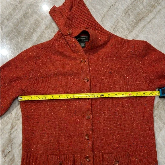 Eddie Bauer Red/Orange Tweed Cardigan Wool/Cashmere with Leather Accents | Sz L - Picture 6 of 8
